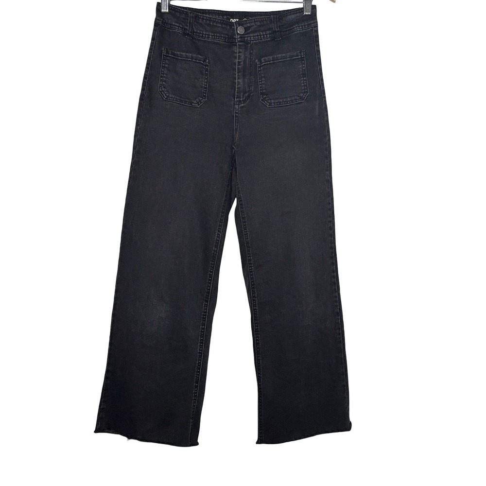 OAT New York Wide Leg Jeans Womens 4/27 Black High Rise Patch Pocket Raw Hem